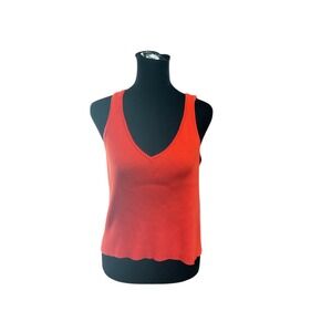 DKNY Jeans Womens Red Ribbed Knit V-Neck Tank Top Sleeveless Lettuce Hem XL